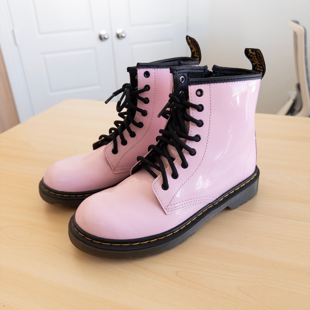 Dr. Martens Girls Boots Size 4 Pink Patent Leather Lace Up Zip 1460 J Combat